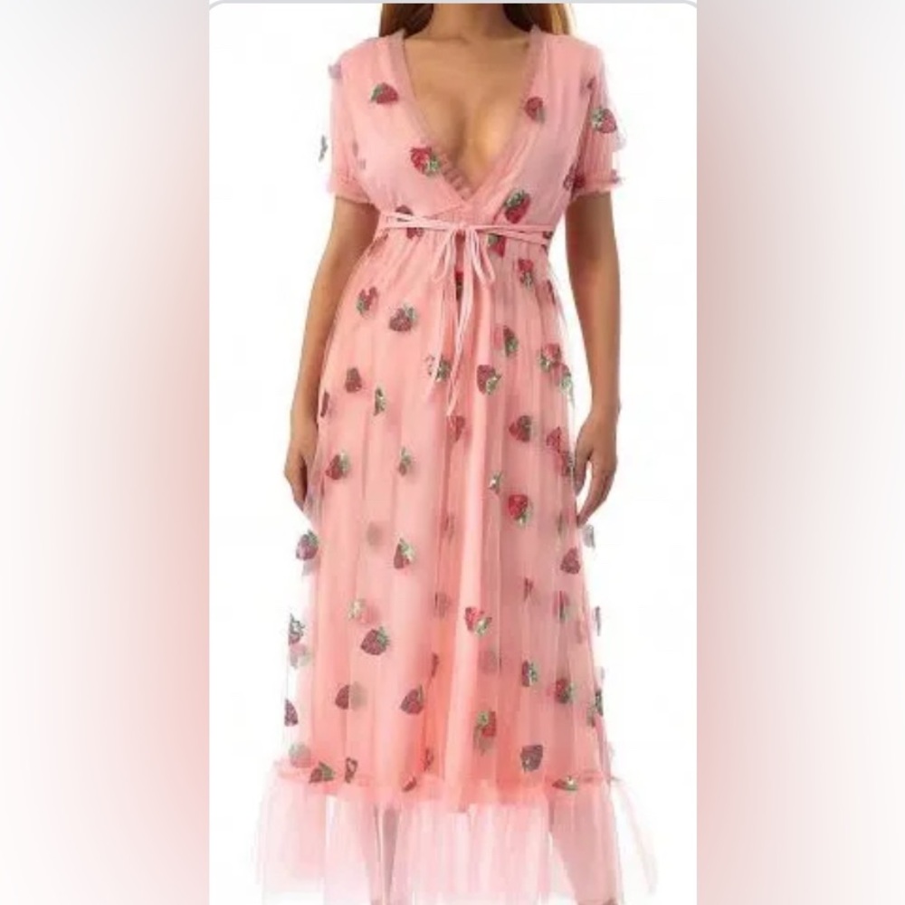 For Love & Lemons Pink Floral Embroidered Tulle Maxi Dress